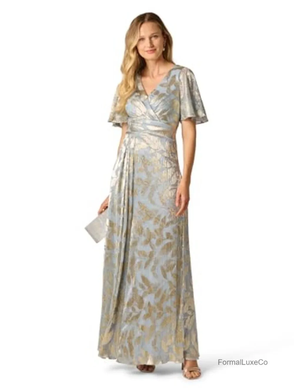 Foil Leaf Draped Gown Maxi Formal Dress Metallic Knit Surplice Neck Short